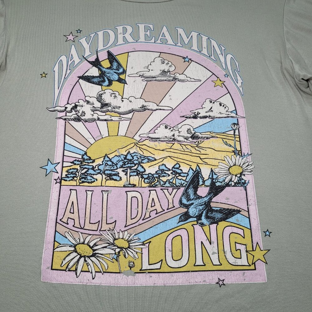 Originality Daydreaming All Day Long Graphic Tee Sage Green Boho Top Youth Large - Picture 4 of 8